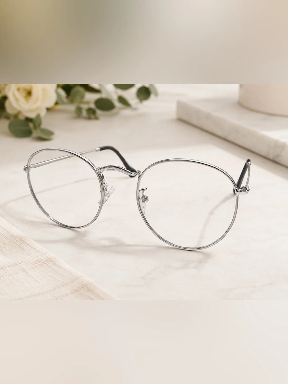 Maxiwinco Vintage Round Metal Clear Lens Fashion Glasses Silver Korean Style